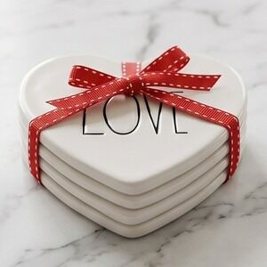 Rae Dunn Love Heart Ceramic Coasters Set of 4 White‎ Red Ribbon New
